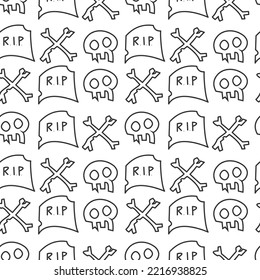 groovy halloween pattern skull and bones, seamless halloween background balck outline doodles deadmen, skulls, vector graphic