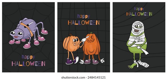 Groovy Halloween Postcards with Cute Characters
