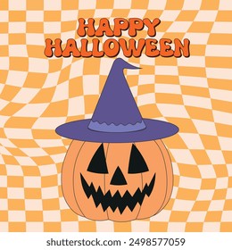 Groovy halloween poster withpumpkin on a wavy  checkered background. Trendy retro groovy style and funny character.  Vector illustration for banner, wallpaper, flyer, invitation, poster.