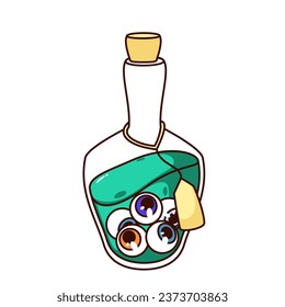 Groovy Halloween potion bottle of witch vector illustration. Cartoon isolated retro psychedelic Halloween sticker of magic glass vial with green witchy poison and eyeballs ingredient, label and cork