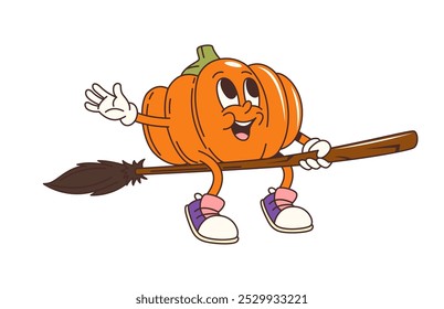 Groovy Halloween pumpkin character on witch broom for horror night holiday, cartoon vector. Funny groovy pumpkin flying on broomstick with funky happy face for Halloween trick or treat character