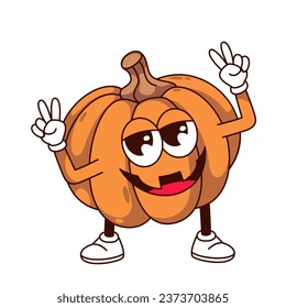 Groovy Halloween pumpkin character vector illustration. Cartoon isolated retro spooky sticker of autumn orange vegetable with funky funny face and scary smile, Halloween food emoji with arms and legs