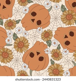 Groovy Halloween pumpkin dead head skull skeleton shape among cobweb and flowers vector seamless pattern. Hand drawn retro October 31 holiday floral background. 