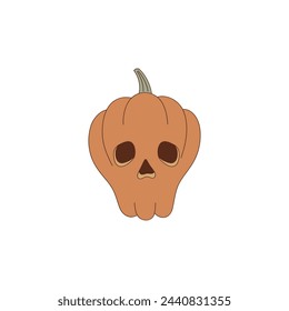 Groovy Halloween pumpkin dead head skull skeleton shape vector illustration isolated on white. Hand drawn retro October 31 holiday wild west aesthetic print poster postcard design.