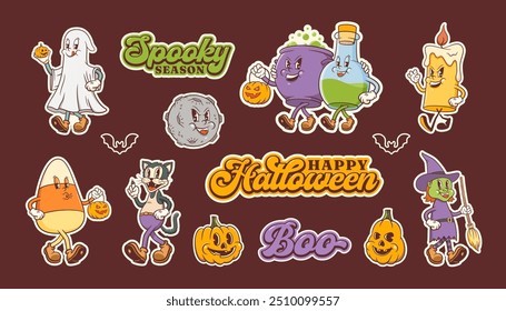 Groovy Halloween Pumpkin Retro Stickers Set. Cartoon Witch, Ghost, Candle, Moon, Cauldron Vector Autumn Holiday Mascot Sticker Templates Collection. Happy Vintage Cool Personage Illustrations Isolated