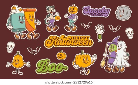 Groovy Halloween Pumpkin Retro Stickers Set. Cartoon Pie, Cat, Witch, Ghost, Moon Vector Autumn Holiday Mascot Sticker Templates Collection Happy Vintage Cool Personage Illustrations. Isolated