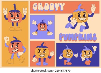 Groovy Halloween Pumpkins cartoon characters. Set of vector comic illustrations with pumpkins in trendy retro cartoon style.
