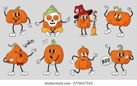 Groovy halloween pumpkins. Funny pumpkin, horrible and cute autumn season party characters. Agriculture festival mascots, harvest, neoteric vector set