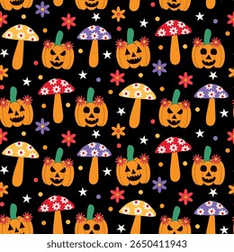 Groovy Halloween Pumpkins with retro mushrooms and flowers seamless pattern on black. For Halloween fabric, textile and decoration 