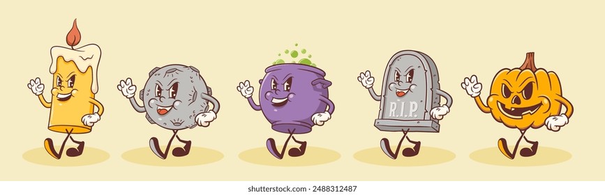 Groovy Halloween Retro Characters Set. Cartoon Pumpkin, Candle, Tombstone, Cauldron and Moon. Vector Autumn Holiday Mascot Templates. Happy Vintage Cool Scary Personage Illustrations. Isolated