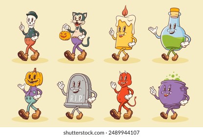 Groovy Halloween Retro Characters Set. Cartoon Pumpkin, Demon, Tombstone, Cat, Cauldron and Skeleton. Vector Autumn Holiday Mascot Templates. Happy Vintage Cool Scary Personage Illustrations. Isolated