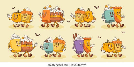 Groovy Halloween Retro Characters Set. Cartoon Food and Drink Pumpkin Pie, Cupcake, Latte Coffee. Vector Autumn Holiday Sweets Mascot Templates. Happy Vintage Cool Personage Illustrations. Isolated