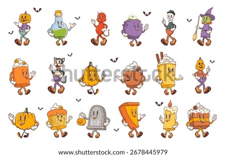 Groovy Halloween Retro Characters Set. Cartoon Food and Drink Pumpkin Pie, Cupcake, Coffee, Cat Tomb. Vector Autumn Holiday Sweets Mascot Templates Happy Vintage Cool Personage Illustrations Isolated
