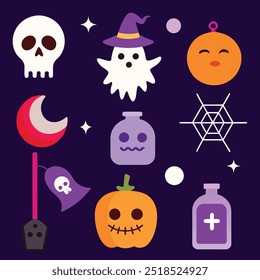 Groovy Halloween Retro-Design mit gruseligen Schädeln und Geistern