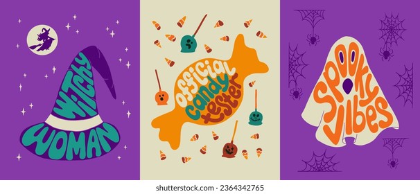 Groovy Halloween retro typographic lettering set. Hand drawn holiday slogans in shapes of candy, witchs hat and ghost. Trendy print design for posters, cards, tshirt, social media graphics