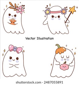 Groovy Halloween Retro vintage Halloween Hippie Flower Cute Ghosts Pumpkins Halloween Halloween Vector Cute Ghost Vector Illustration