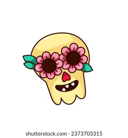 Groovy Halloween scull vector illustration. Cartoon isolated retro psychedelic emoji with yellow skull face, trippy smile and flowers with leaf inside eyes, cute skeleton head and Halloween emoticon