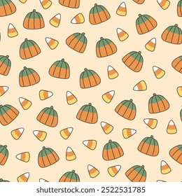 Groovy Halloween seamless candy pattern. Candy corn and candy pumpkin background. Traditional Halloween candies. Vintage style.