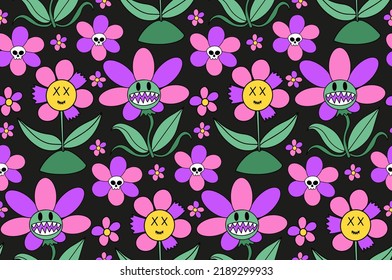 Groovy halloween seamless pattern 70s style. Psychedelic hippie endless texture background. vector illustration
