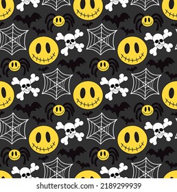 Groovy halloween seamless pattern 70s style. Psychedelic hippie endless texture background. vector illustration