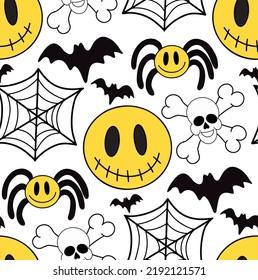 Groovy halloween seamless pattern 70s style. Psychedelic hippie endless texture background. vector illustration