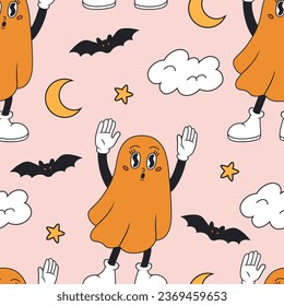 Groovy halloween seamless pattern with comic ghost and bat. Vector flat illustration.