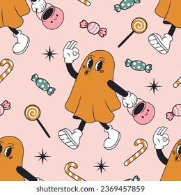 Groovy halloween seamless pattern with funny ghost and candy. Vector flat illustration.