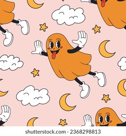 Groovy halloween seamless pattern with ghost, clouds. Vector flat illustration.