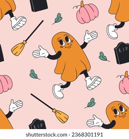 Groovy halloween seamless pattern with ghost, pumpkin, broom. Vector flat illustration.