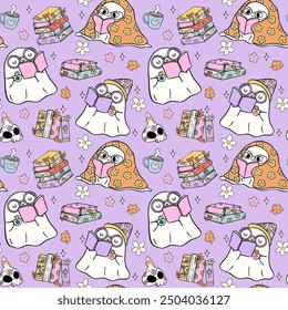 Groovy Halloween Seamless Pattern Trendy Bookish fantasma libro de lectura aislado en el fondo