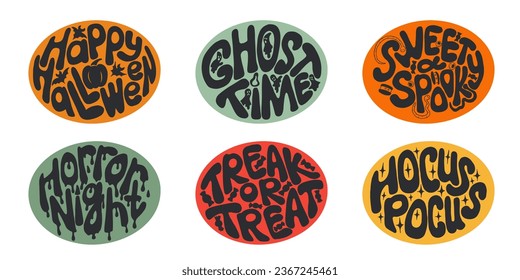 Groovy Halloween set of hand drawn lettering in oval shape. Typographic flat isolated stickers or printouts on colored background. Creepy and spooky slogans. Ideal for t shirt print, decoration