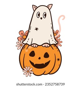 Halloween Groovy tiene un estilo retro de los años 70. Colección psicodélica de elementos de diseño hippie. El poder de las flores monstruosas.