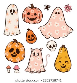 Halloween Groovy tiene un estilo retro de los años 70. Colección psicodélica de elementos de diseño hippie. El poder de las flores monstruosas.