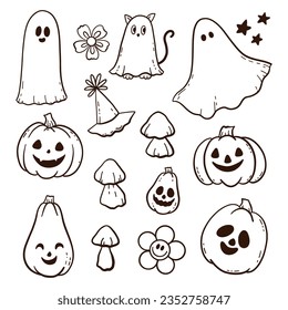 Halloween Groovy tiene un estilo retro de los años 70. Colección psicodélica de elementos de diseño hippie. El poder de las flores monstruosas.