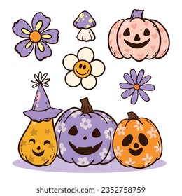 Halloween Groovy tiene un estilo retro de los años 70. Colección psicodélica de elementos de diseño hippie. El poder de las flores monstruosas.