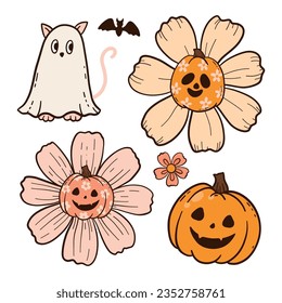 Halloween Groovy tiene un estilo retro de los años 70. Colección psicodélica de elementos de diseño hippie. El poder de las flores monstruosas.