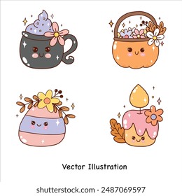 Groovy Halloween Set Retro vintage Halloween Hippie Flower Cute  Ghosts Halloween with cute flower Halloween Vector Cute Pumpkin autumn Vector Illustration