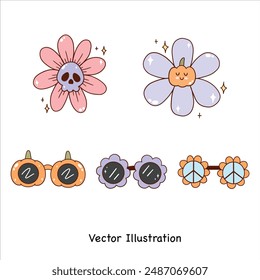 Groovy Halloween Set Retro Vintage Halloween Hippie Flower Cute Ghosts Halloween mit niedlicher Blume Halloween Vektorgrafik Cute Kürbis Herbst Vektorillustration