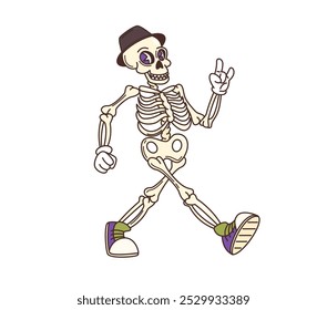 Groovy Halloween skeleton cartoon character walking in hipster shoes, vector retro comic. Funky groovy dead skeleton with ILY I love You hippie sign gesture and happy skull smile for Halloween holiday