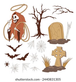 Groovy Halloween skeleton with rodeo rope scary dry tree grave bats spider cobweb vector illustration set isolated on white. October 31 holiday hand drawn retro howdy wild west aesthetic print