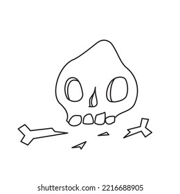 groovy halloween skull and bones outline, sticker skull outline doodle, comic illustration, halloween decor, vector graphic