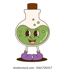 Groovy halloween sticker. Cartoon character in trendy retro style, comic mascot. Witchcraft potion