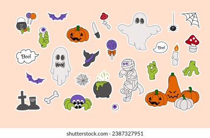 Groovy Halloween stickers, pumpkin, zombie, spider objects in y2k style. Hand drawn retro collection. Vector