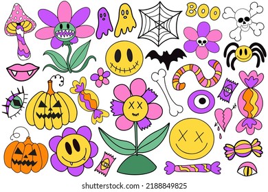 Groovy halloween stickers set in retro 70s style  Psychedelic collection hippie design elements  The power monster flowers  