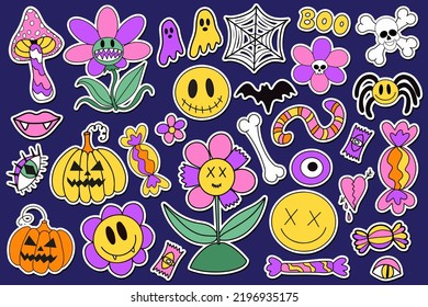 Los stickers de Groovy Halloween están en el estilo retro de los años 70. Colección psicodélica de elementos de diseño hippie. El poder de las flores monstruosas. 