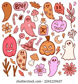 Los stickers de Groovy Halloween están en el estilo retro de los años 70. Colección psicodélica de elementos de diseño hippie. El poder de las flores monstruosas.