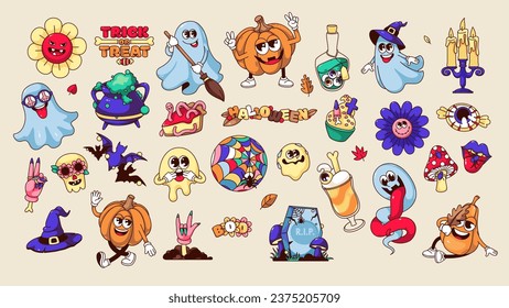 Groovy Halloween stickers set vector illustration. Cartoon isolated retro Halloween party sweet treats, trippy pumpkin and funky hippie flower, spooky ghost characters and witch hat, creepy potion