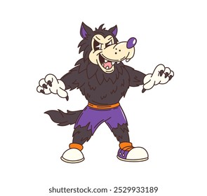 Groovy personaje de hombre lobo de Halloween en dibujos animados retro para vacaciones de terror, monstruo funky de Vector. Groovy hombre lobo o animal de lobo monstruo malvado aterrador con cara espeluznante y garras para vacaciones de Halloween