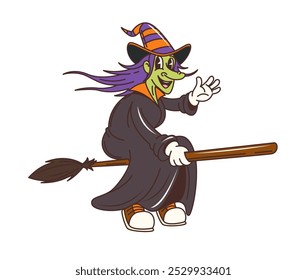 Groovy Halloween witch character flying on broomstick for horror night holiday, vector retro cartoon. Funny groovy witch on broom with funky smile, retro cartoon character for Halloween holiday