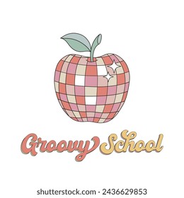 Groovy hand drawn apple in the form of sparkling disco ball prom school graduation bal vector illustration isolated on white. Line art back to school education print poster postcard design.